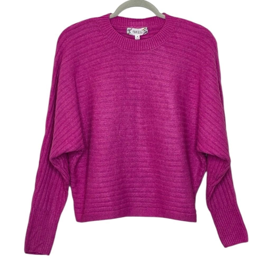 Pink Rose Fuchsia Ribbed Crew Neck Dolman Sleeve Cropped  Sweater Size S